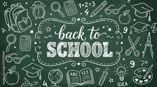 Back to school vector illustration with hand drawn chalkboard sketches