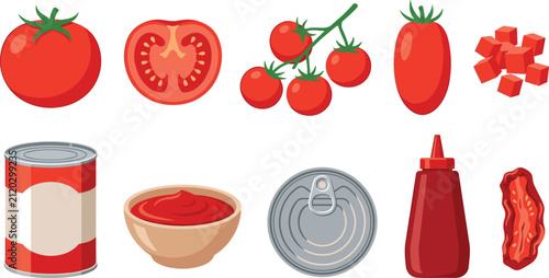 Fresh Tomatoes and Canned Paste Ingredient Set for Culinary Recipe Blogs, Restaurant Menu Layouts, Food Product Packaging, and Grocery Shop Marketing Media