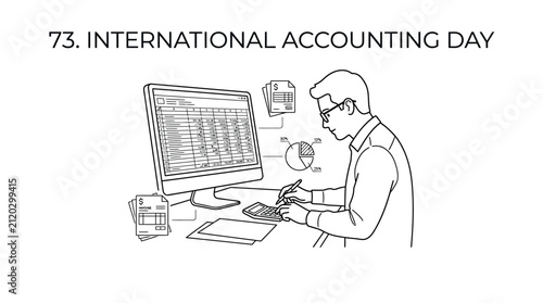 A line art illustration of an accountant working at a desk with a computer and financial documents.