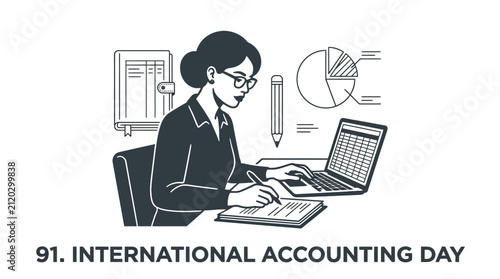 A professional accountant working at her desk with financial documents and a laptop.