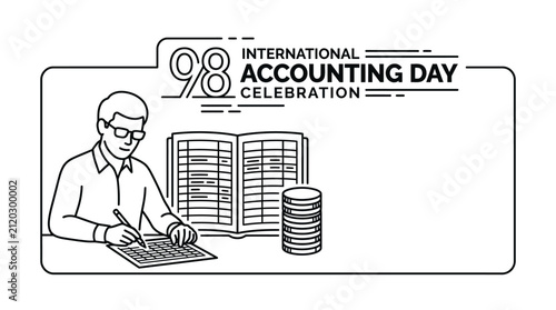 A line art illustration of an accountant working at a desk for International Accounting Day.