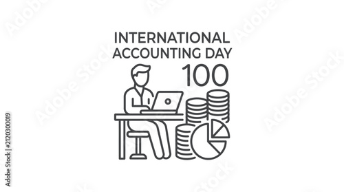 Line art illustration for International Accounting Day featuring an accountant working at a desk.