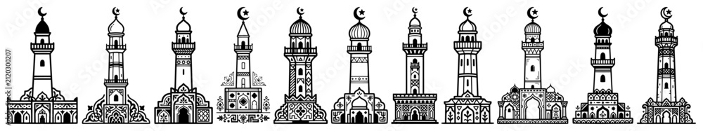Obraz premium Set of thin line mosque minaret towers with crescent moons and geometric ornaments