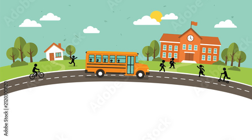 Yellow school bus driving past children near educational building vector illustration