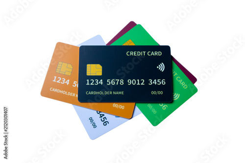 Quadro su tela Cluster of overlapping multi-colored credit and debit cards on a white backgroun