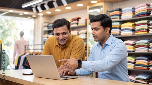 Indian retail shop owner consulting with financial advisor for GST tax filing on laptop