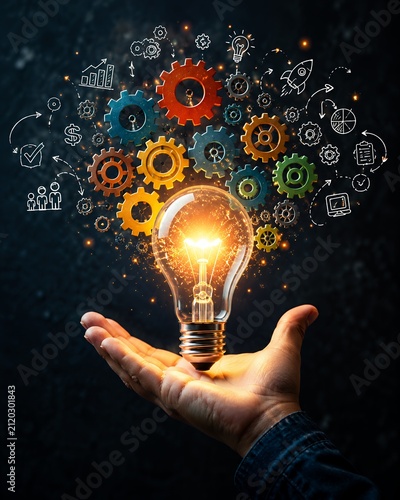 A hand holding a glowing light bulb surrounded by gears and innovation icons.