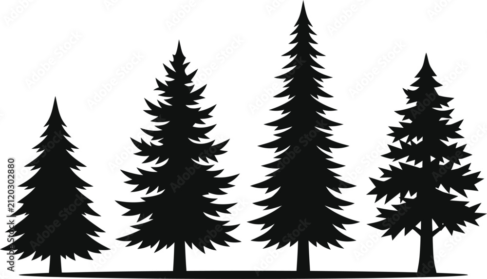 Fototapeta premium Black silhouette of pine trees in a forest row Vector