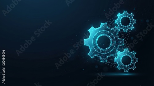 Studio-lit image of three glowing interconnected gears with network lines, dark backdrop, top-down perspective, modern tech mood.