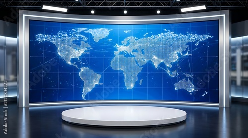 Modern news studio with world map backdrop. Virtual broadcast set for television production.