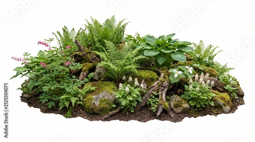 Lush Woodland Garden Arrangement with Ferns and Mossy Rocks