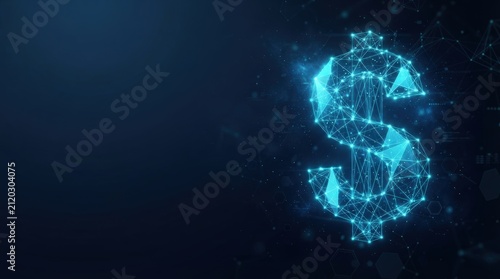 A glowing dollar symbol composed of interconnected nodes on a dark, tech-themed background. Studio lighting highlights high-contrast geometry. Ideal for finance, tech, and data visualization projects.