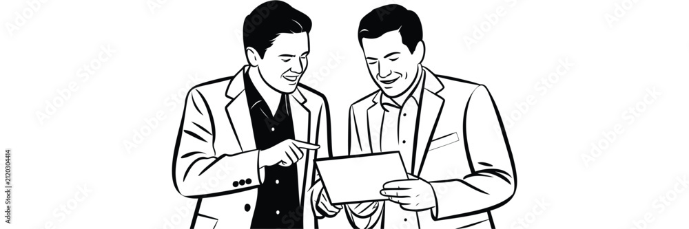 Fototapeta premium Businessmen Discussing Financial Project On Tablet Line Art Illustration