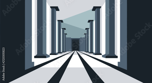 Abstract illustration of a symmetrical corridor with pillars and perspective lines.