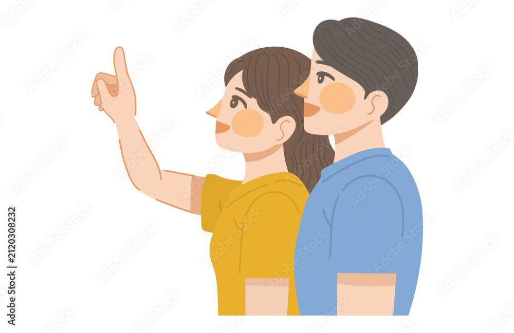 Fototapeta premium 笑顔で上を指さす女性と、その方向を笑顔で見上げる男性のイラスト