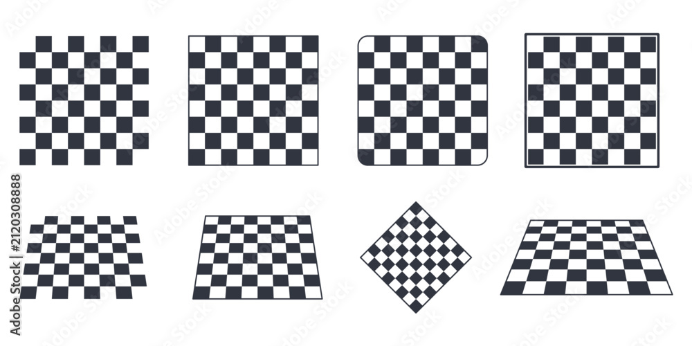 Obraz premium Checkerboard pattern vector set. Chess board backgrounds, perspective floors and geometric square surfaces. Black and white game board elements for graphic design, textures and illustrations.