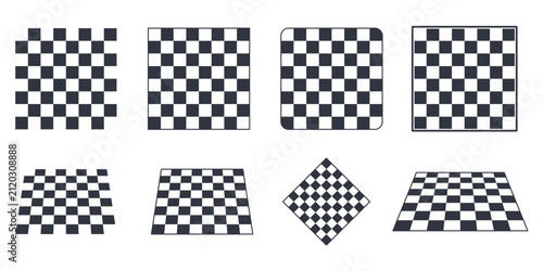 Checkerboard pattern vector set. Chess board backgrounds, perspective floors and geometric square surfaces. Black and white game board elements for graphic design, textures and illustrations.