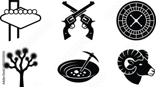 Photography Nevada themed silhouette icon set featuring Las Vegas sign, revolvers, roulette