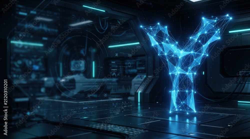 Obraz premium Close-up of glowing holographic Y-shaped interface in dimly-lit, high-tech control room with advanced consoles and blue lighting effects. Futuristic workspace evokes innovation and precision.