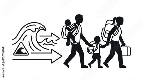A family evacuating from a tsunami or flood disaster with luggage and children.