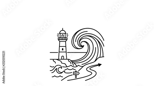 A minimalist line art illustration featuring a lighthouse standing beside a large crashing ocean wave.