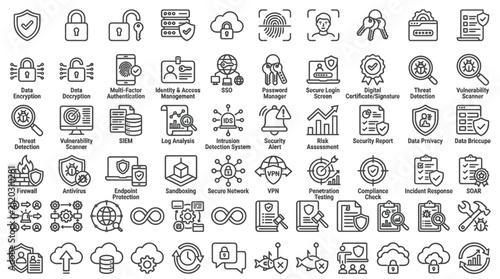 Set of security and protection icons in black and white