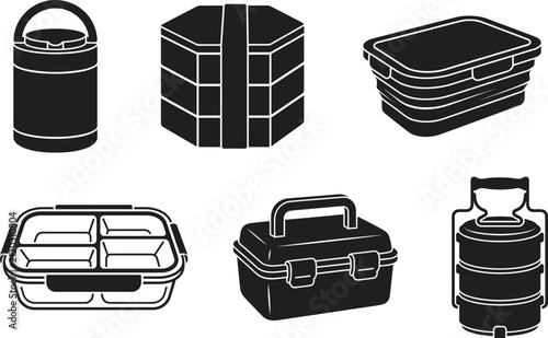 фотографія Black vector icons of lunch boxes including insulated container, multi‑tiered bo