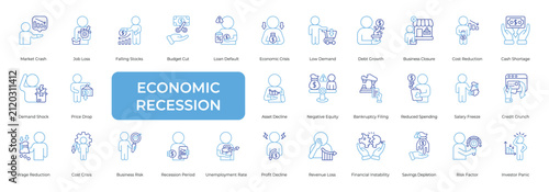Economic Recession Icon set Collection in Line Two Color Style. crisis, inflation, deflation, debt, budget, revenue, profit, market