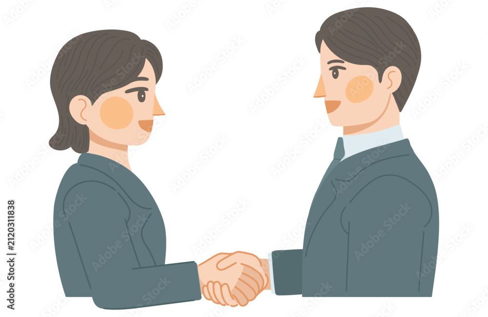 Fototapeta premium 笑顔で握手をする会社員の男性と女性のイラスト