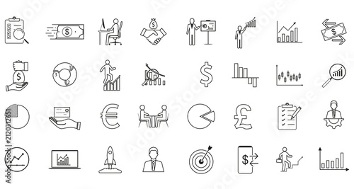 Business Finance Icon Set Featuring Money, Charts, Growth and Analytics Line Illustrations.