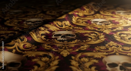 Luxury skull pattern with golden filigree on maroon fabric