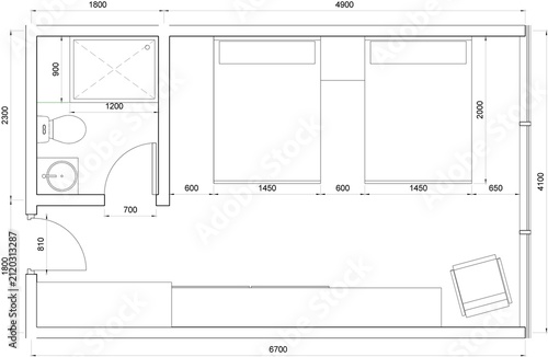 2d architectural schematic drawing showing a detailed floor plan layout for a two-bed configuration with an integrated bathroom for interior designers, home decorators, architectural layout projects