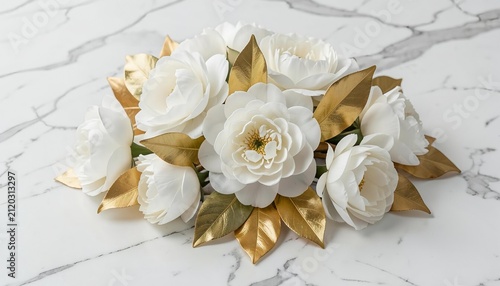 Elegant bouquet of white peony flowers with decorative gold painted leaves resting on a white marble surface