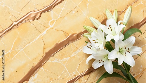 Beautiful white lily flowers arranged on a textured light brown marble background with copy space