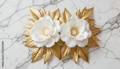 Elegant white flowers with shiny gold leaves arranged on a luxurious white marble background top view