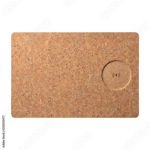 Wooden cork coaster with wireless charging symbol isolated on transparent background