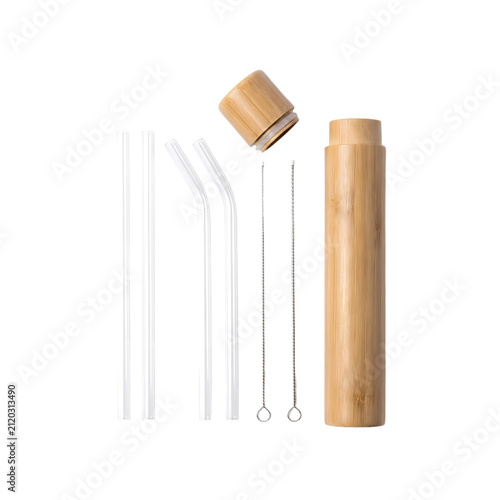 Bamboo travel straw set with cleaning brush isolated on transparent background