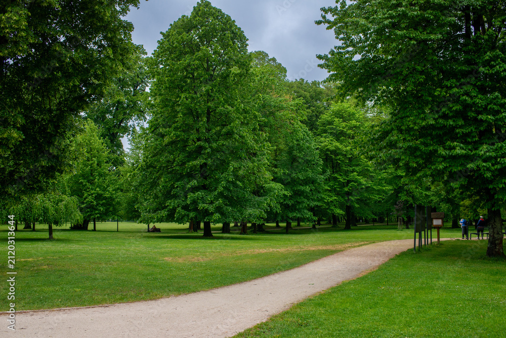Obraz premium Curving gravel path through the landscaped park of Budatin Castle in Zilina, Slovakia. Mature deciduous trees, including largeleaf linden, European ash and elm, create a peaceful green recreational ar