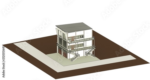 3D isometric architectural model and layout of a multi-story commercial shophouse building set on a site plot for real estate presentations, urban commercial design, and architectural visualization