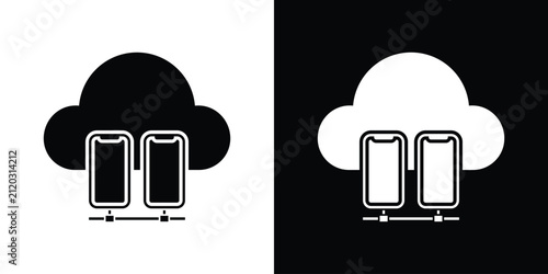 Cloud storage icon displaying two connected smartphones, representing mobile cloud computing, wireless synchronization, and data transfer. Black and white icon.