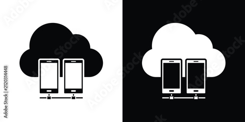 Cloud storage icon displaying two connected smartphones, representing mobile cloud computing, wireless synchronization, and data transfer. Black and white icon.