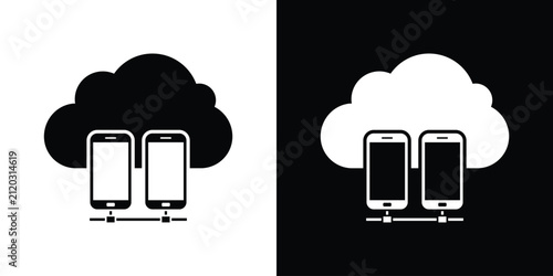 Cloud storage icon displaying two connected smartphones, representing mobile cloud computing, wireless synchronization, and data transfer. Black and white icon.
