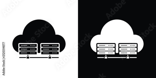 Cloud computing icon showing connected server racks beneath a cloud graphic, illustrating data center storage, network hosting, and database infrastructure.