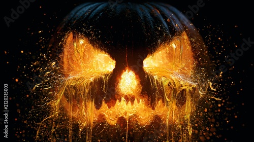 Macro view of pumpkin's carved face, liquid gold stardust leaking from eyes, swirling magical energy situated under twilight night canopy