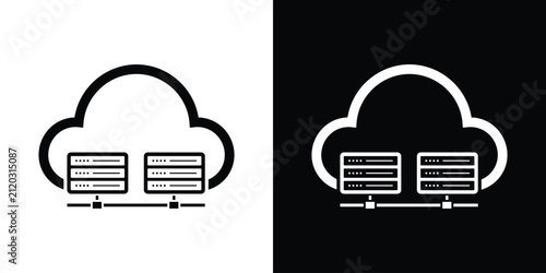 Cloud computing icon showing connected server racks beneath a cloud graphic, illustrating data center storage, network hosting, and database infrastructure.