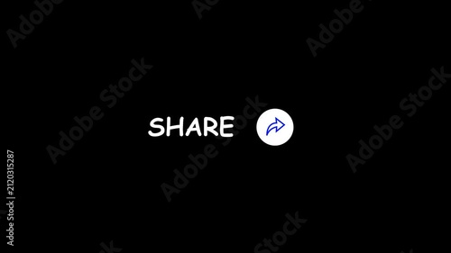 Animated white Share text with a blue arrow icon in a circle on a black background, designed for social media call to action and video end screens.