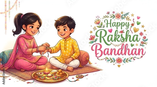 Happy Raksha Bandhan Greeting Card, Indian Festival Rakhi Celebration, Brother Sister Love, Traditional Rakhi Design on White Background