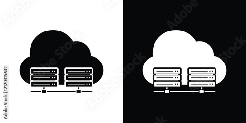 Cloud computing icon showing connected server racks beneath a cloud graphic, illustrating data center storage, network hosting, and database infrastructure.