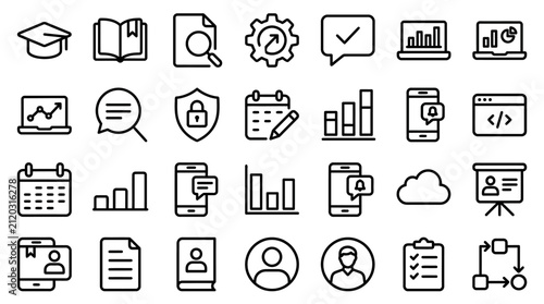 Set of common business and education icons in black and white
