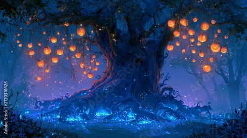 Giant ancient tree with hanging glowing pumpkin ornaments instead of fruit, bioluminescent roots positioned in enchanted garden clearing